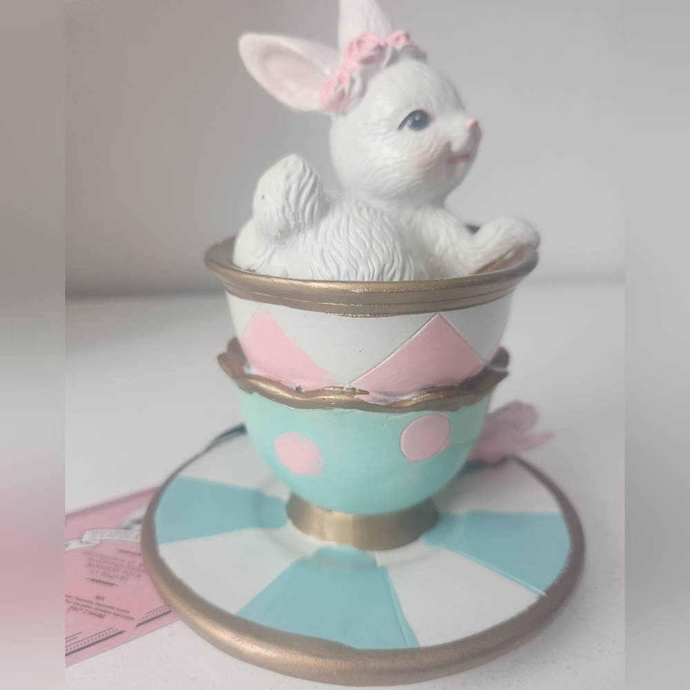 TopHat & Tails White Bunny Sitting In A Teacup Figurine with Pink Floral Crown - Picture 7 of 14